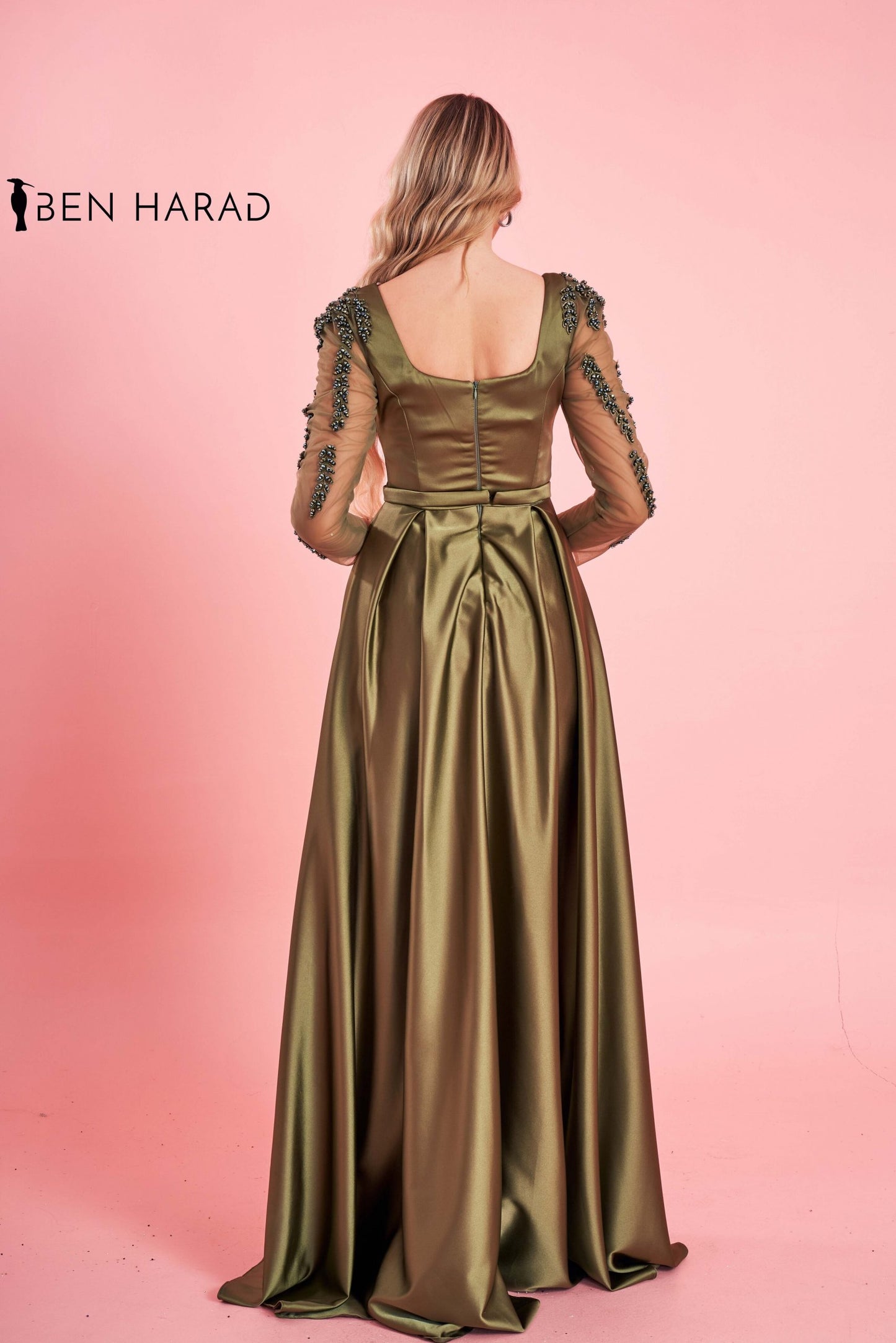 Green Satin Maxi Dress With Embroidered Sequin Sleeves