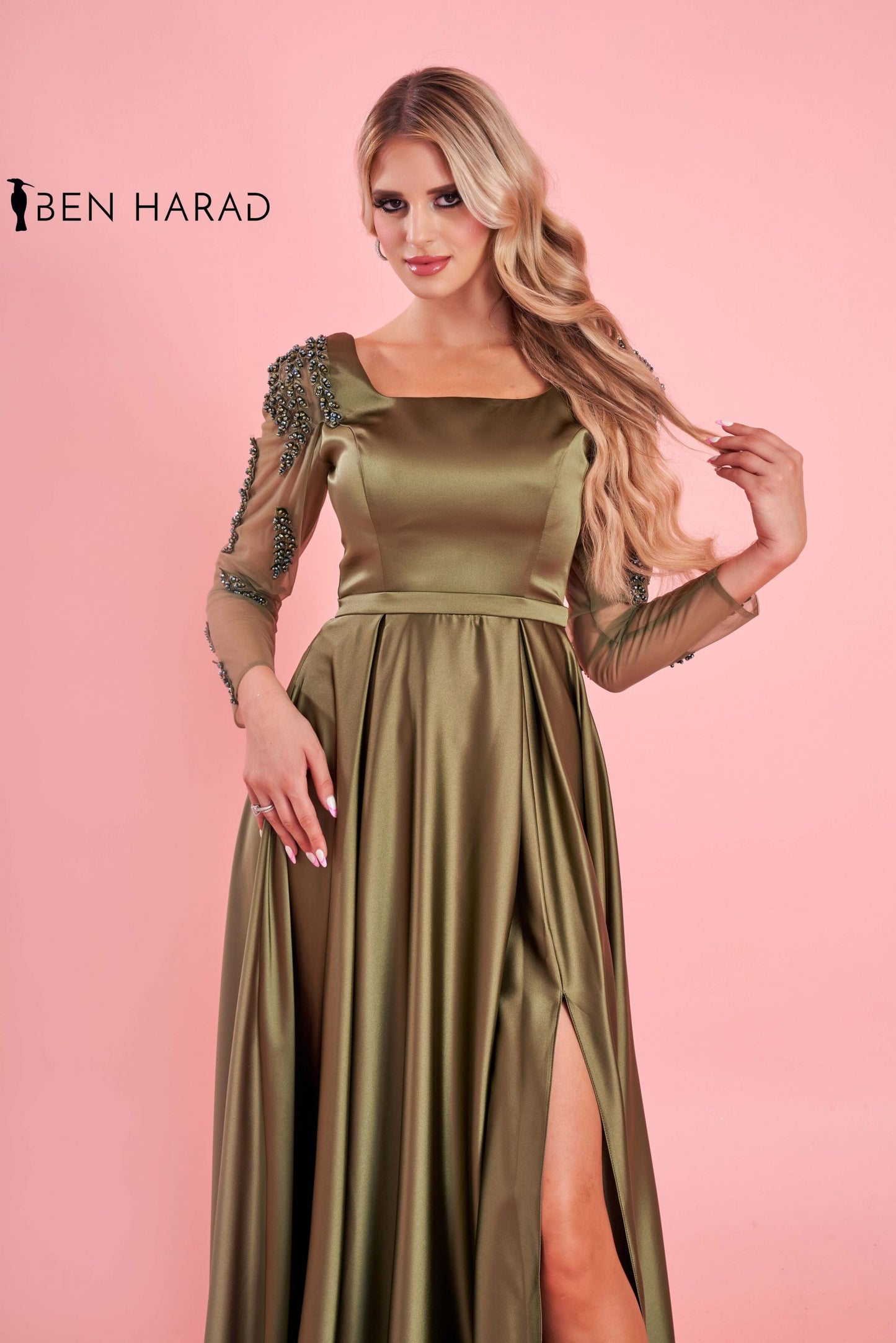 Green Satin Maxi Dress With Embroidered Sequin Sleeves