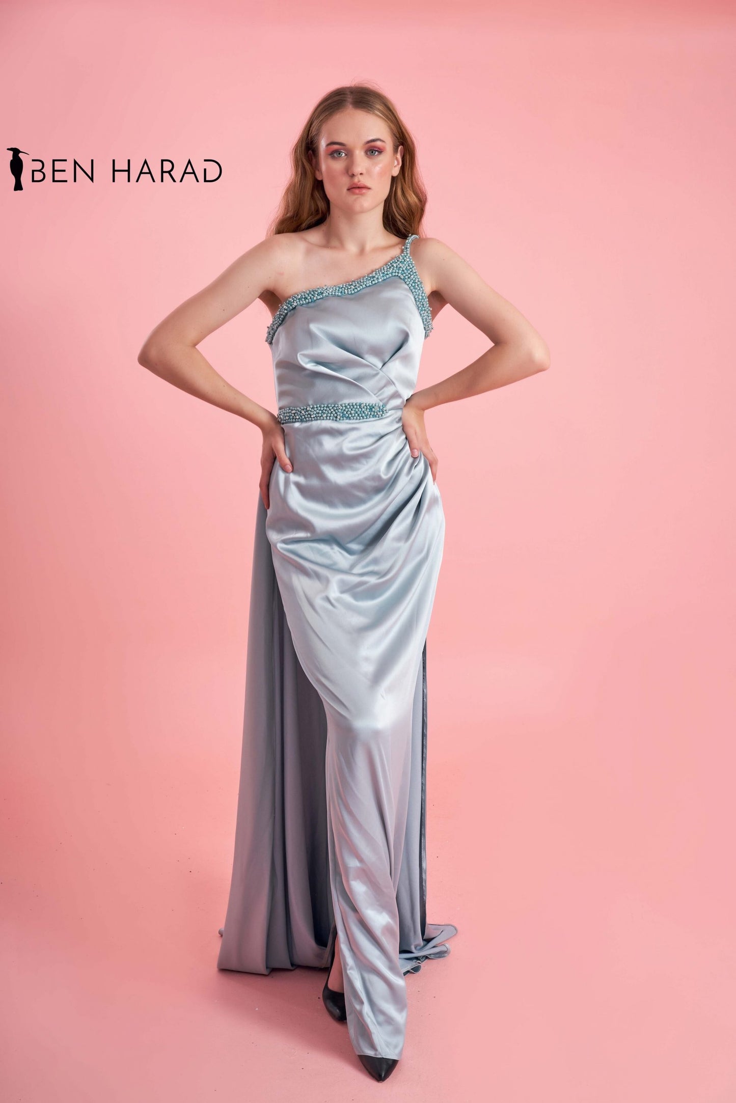 Light Blue Maxi Satin Dress With Attached Skirt
