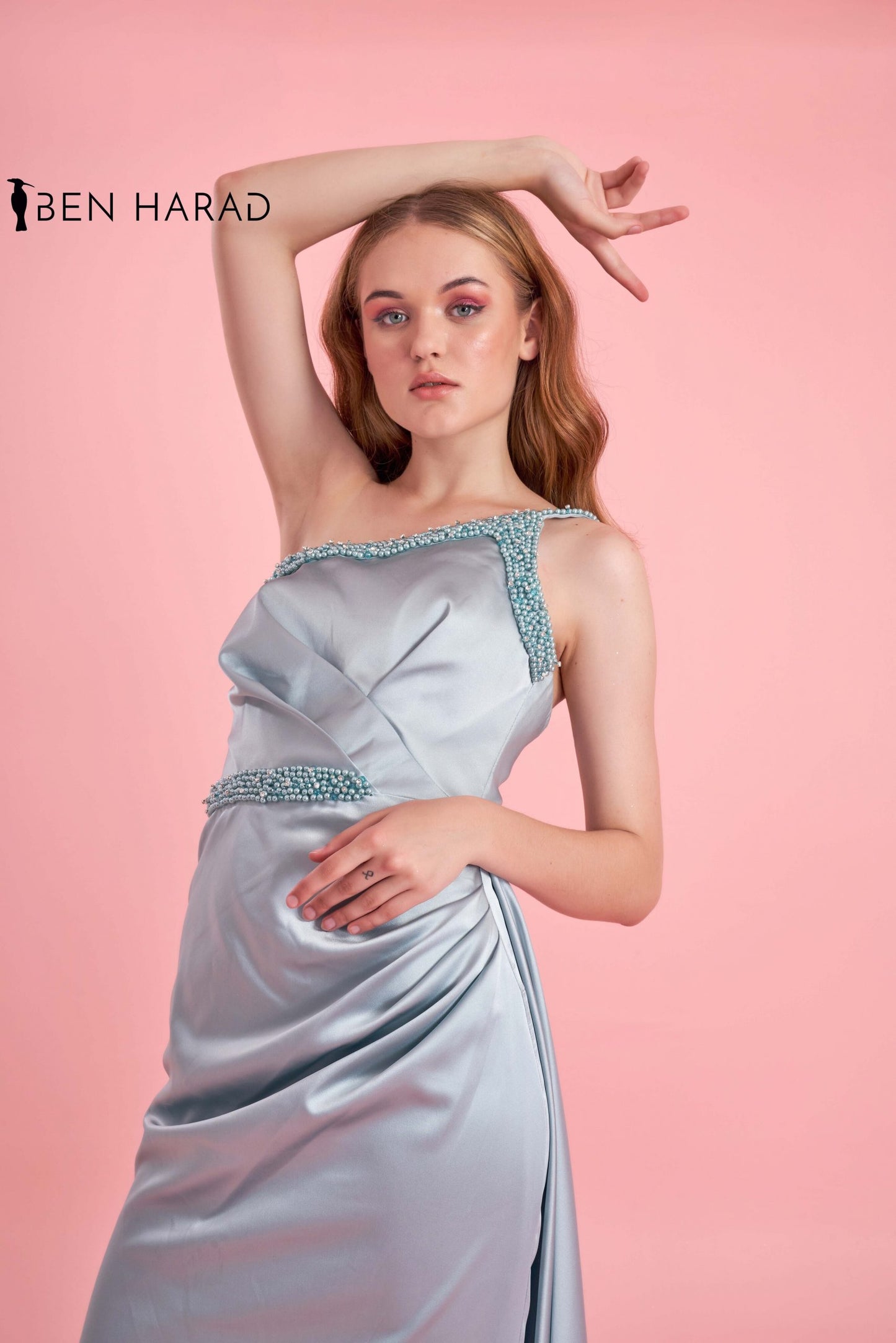 Light Blue Maxi Satin Dress With Attached Skirt