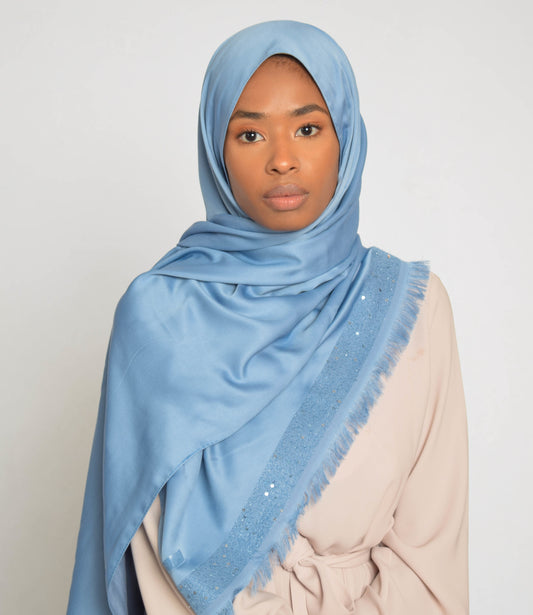 Carolina Blue Sequin Edge Satin Hijab