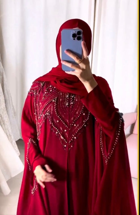 Red Chiffon Embroidered Butterfly Abaya