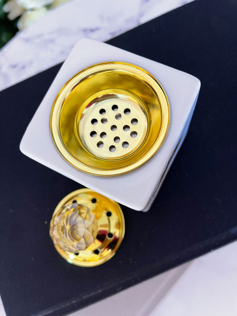 Small White With Gold Leaf Square Incense Bakhoor Burner