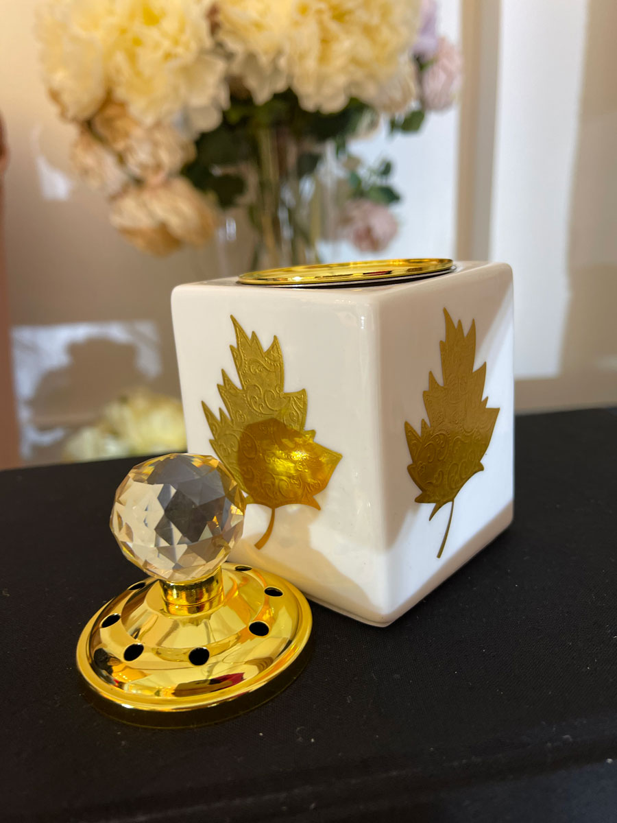 Small White With Gold Leaf Square Incense Bakhoor Burner