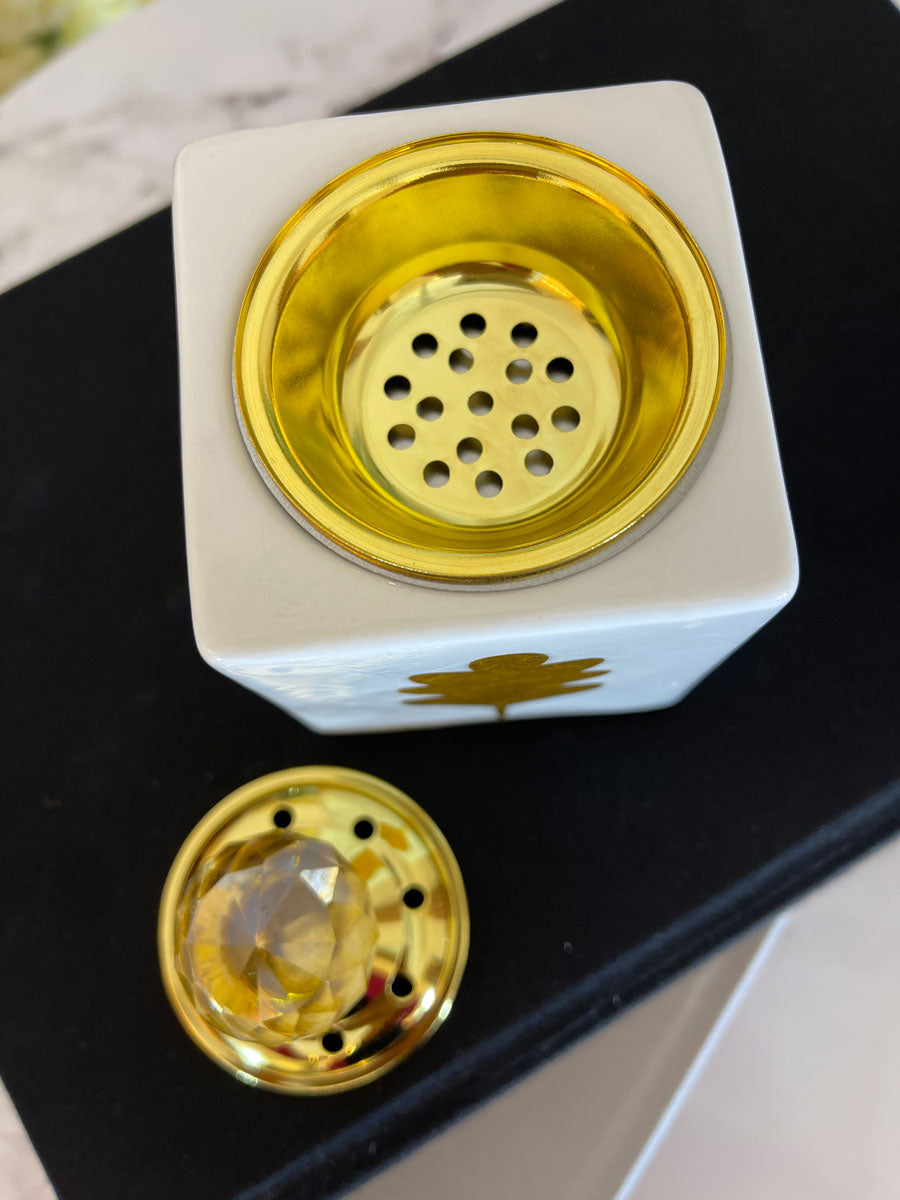 Small White With Gold Design Square Incense Bakhoor Burner