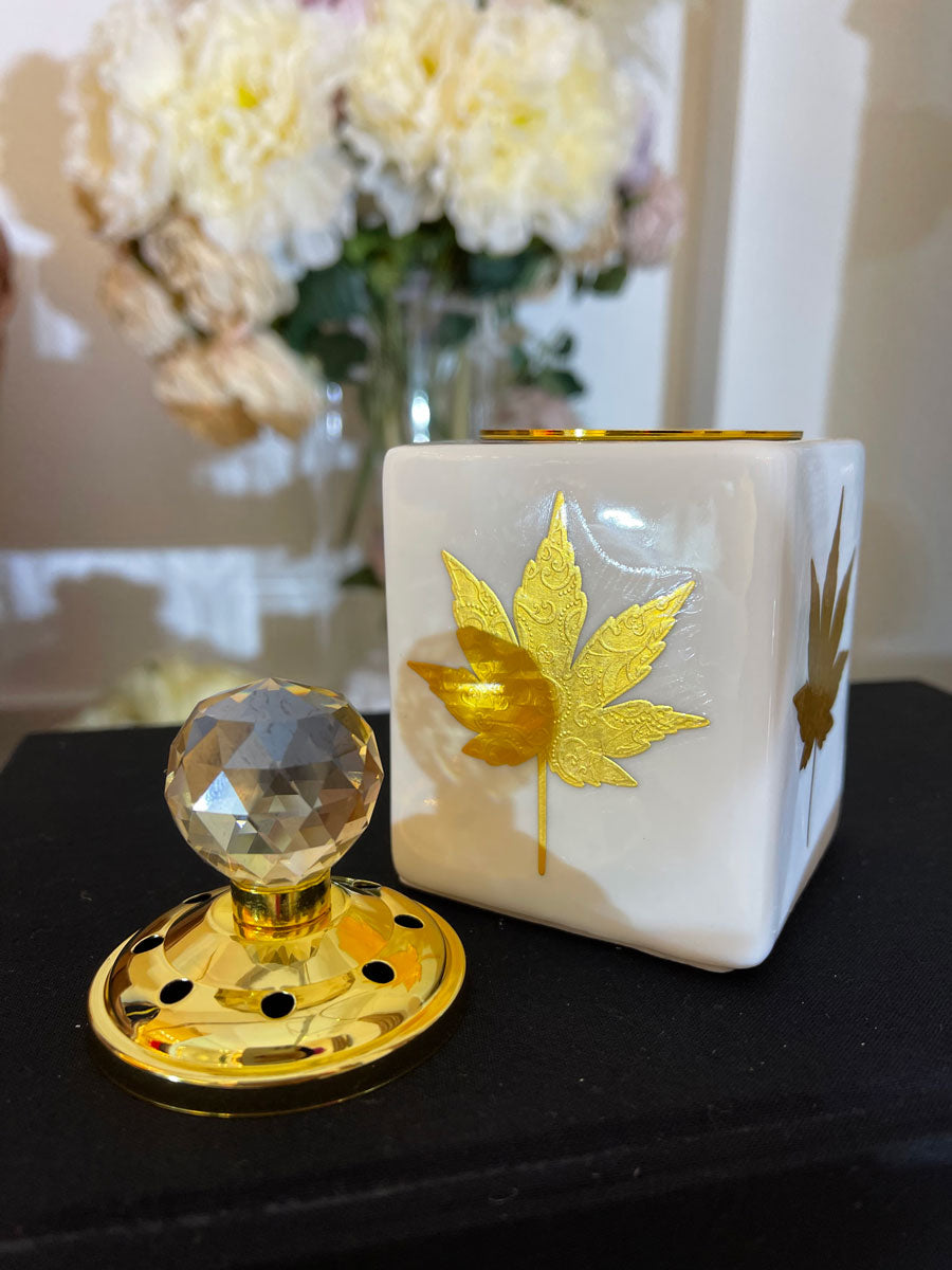Small White With Gold Leaf Square Incense Bakhoor Burner