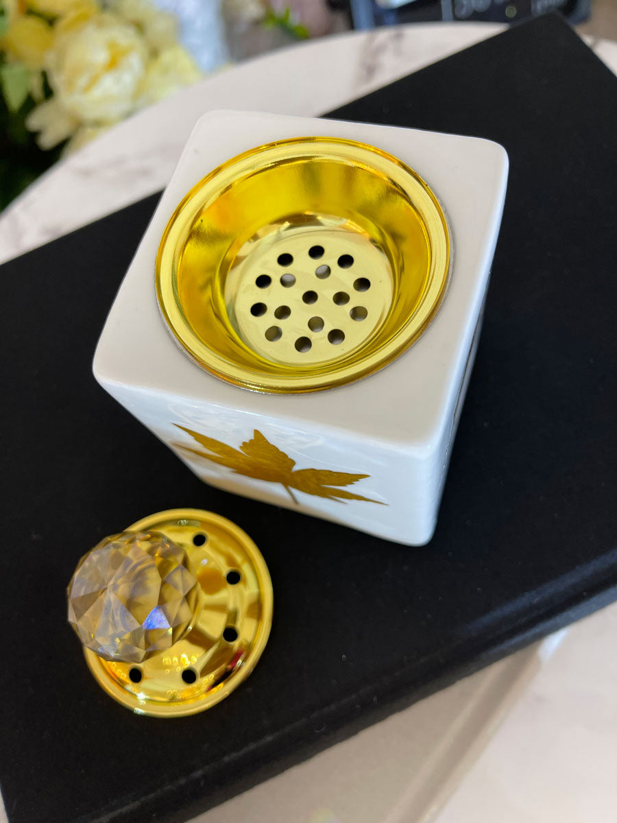 Small White With Gold Leaf Square Incense Bakhoor Burner