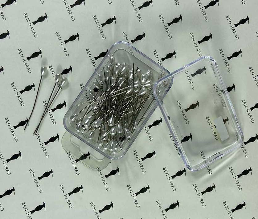 Transparent Box of White Pearl Headed Long Pins