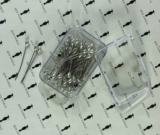 Transparent Box of White Pearl Headed Long Pins