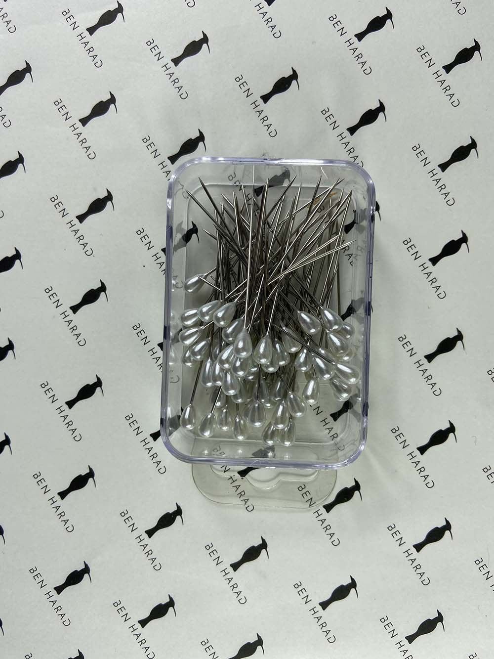 Transparent Box of White Pearl Headed Long Pins