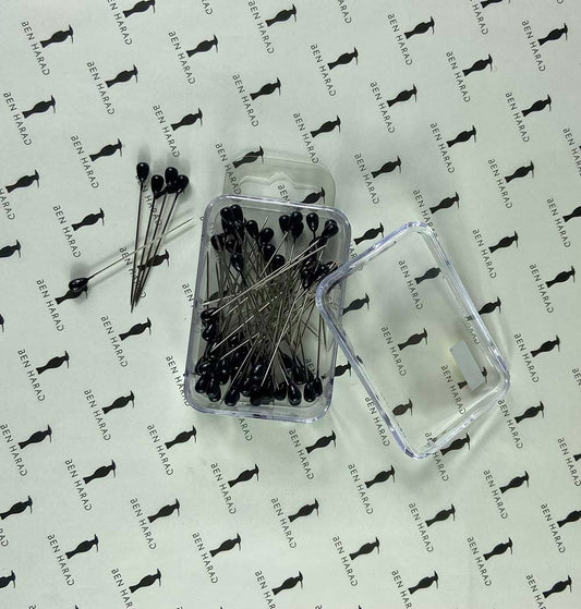 Transparent Box Of Black Pearl Headed Long Pins
