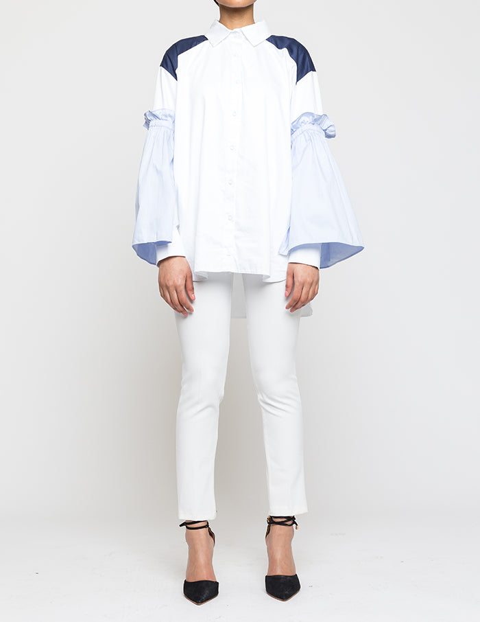 White Shirt With Pleated Blue Sleeves