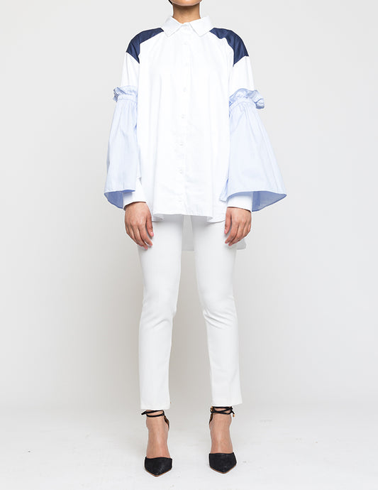 White Shirt With Pleated Blue Sleeves
