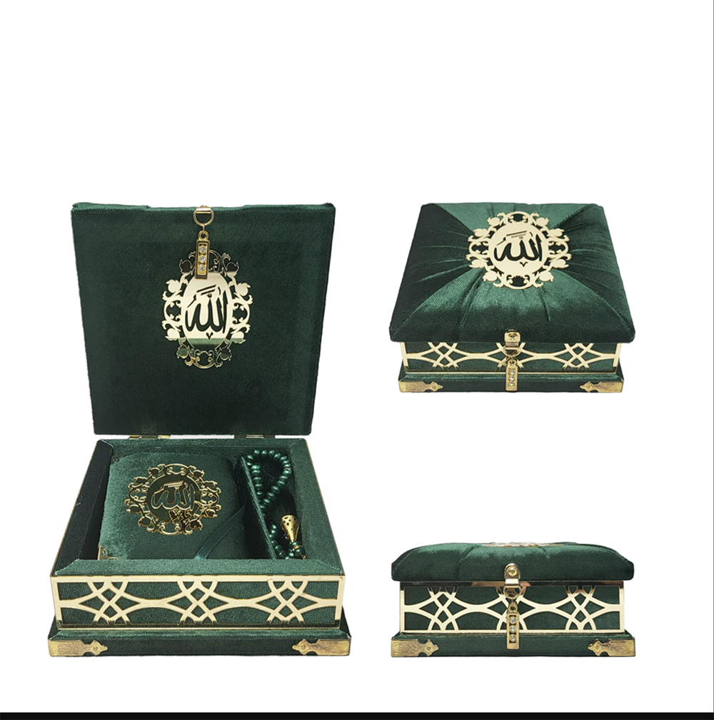 Velvet Covered Quran and Pearl Tasbih in Wooden Decorative Box