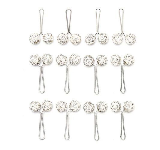 Stainless Steel U-Shaped Clips Pin 12 Pieces Set Muslim Hijab Scarf White Safety Pin Clips Rhinestone Ball Brooch Fashion Jewelry Decoration