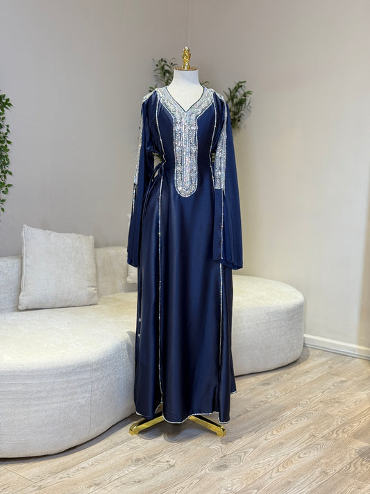 Hessa Side Corset Soft Satin Khaliji Caftan ( Navy )
