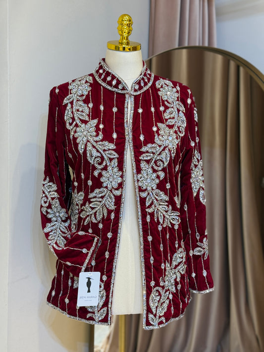 Luxury Red Velvet Hand Embellished Blazer