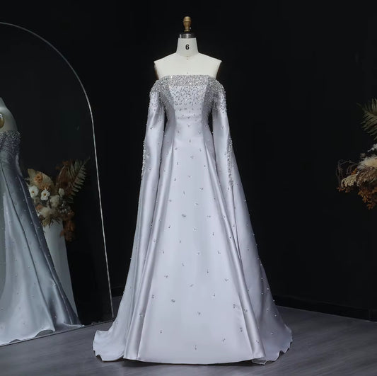 Lamis Luxury Hand Embellished Satin Gown With Hand Cape Design (Pre-Order)