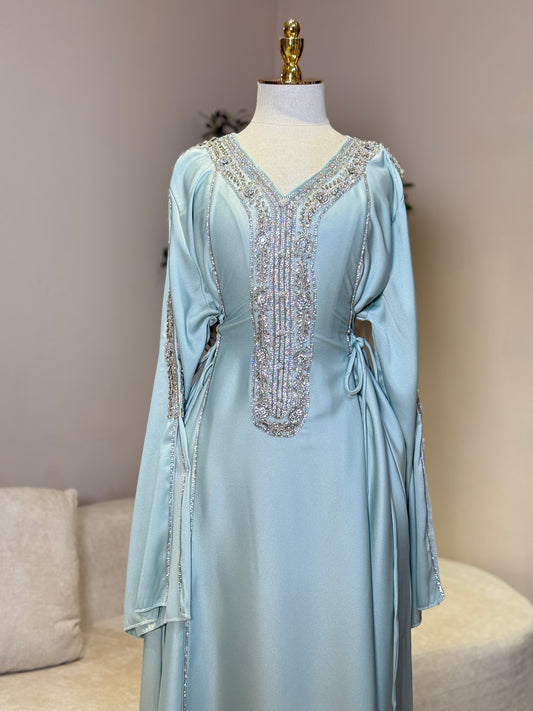 Hessa Side Corset Soft Satin Khaliji Caftan (Aqua Blue)