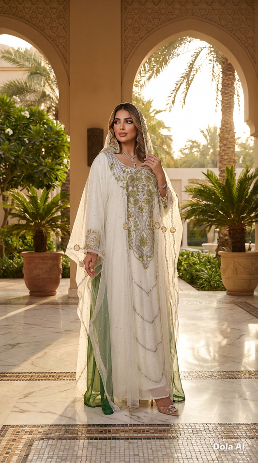 White and Green Crystallised Emirate Thobe