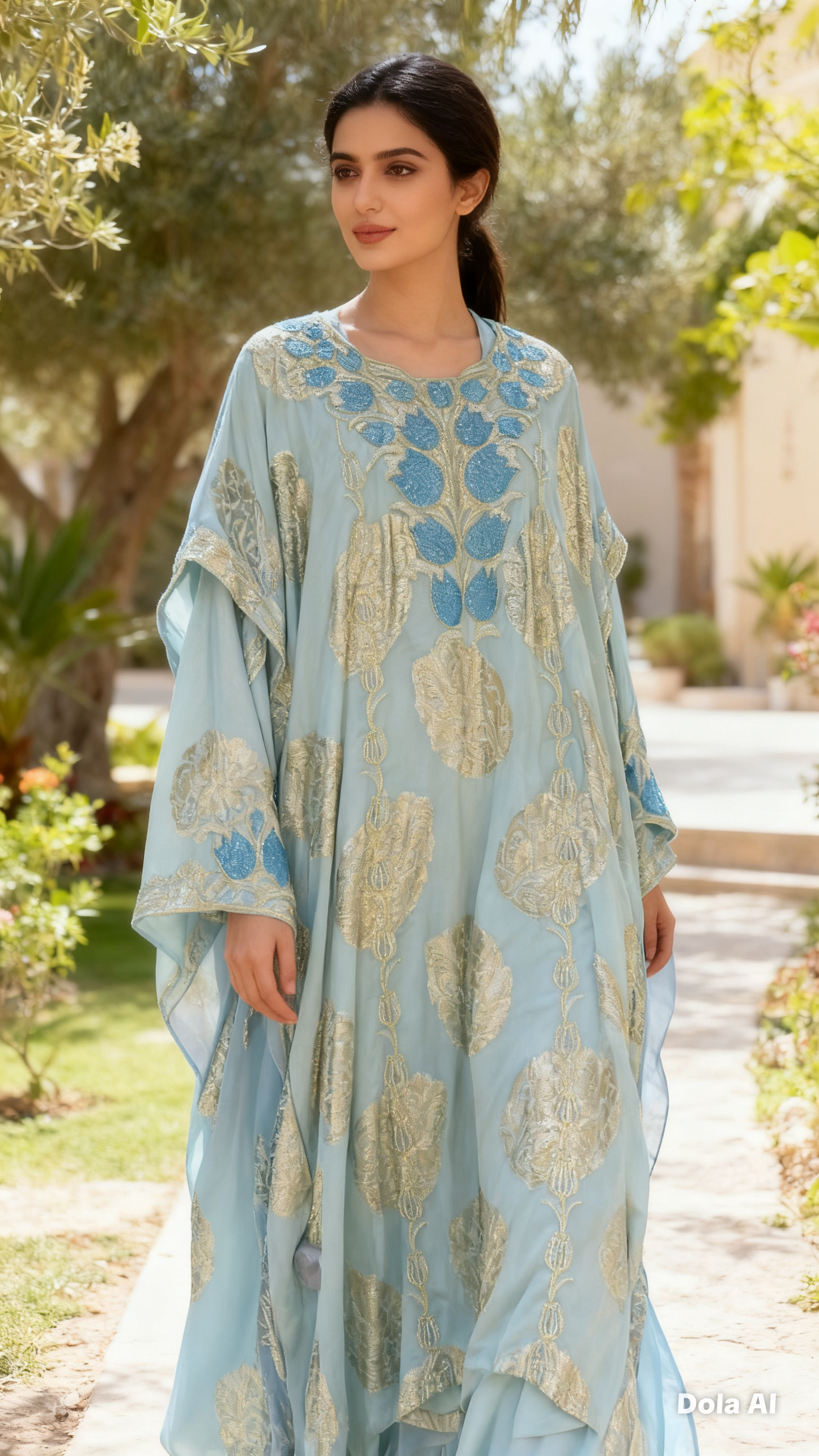 Greyish Blue with Gold Printed Crystallised Emirate Thobe