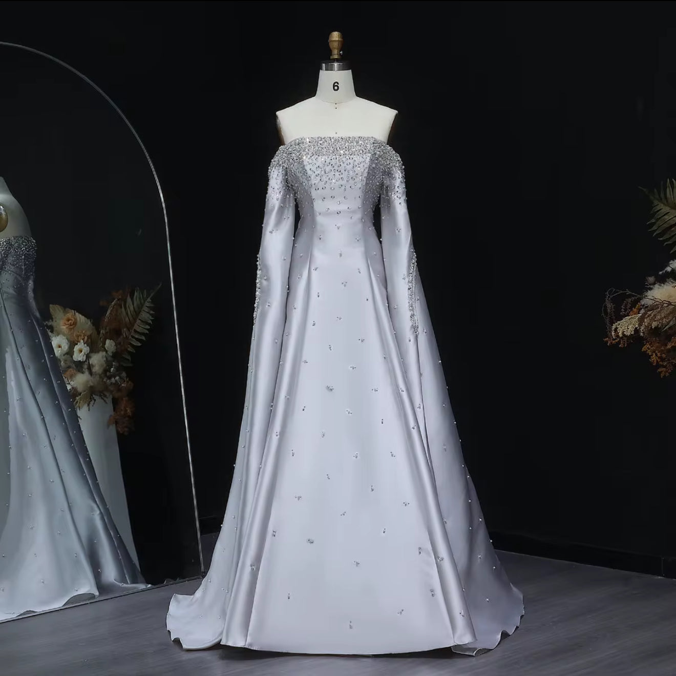 Lamis Luxury Hand Embellished Satin Gown With Hand Cape Design (Pre-Order)