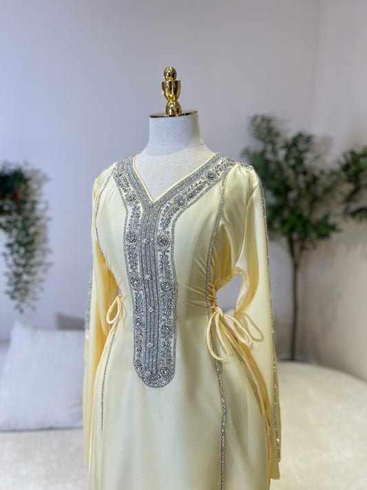 Hessa Side Corset Soft Satin Khaliji Caftan (pastel Yellow)