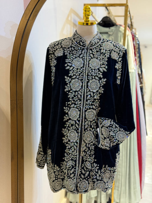 Luxury Navy Blue Velvet Hand Embellished Blazer