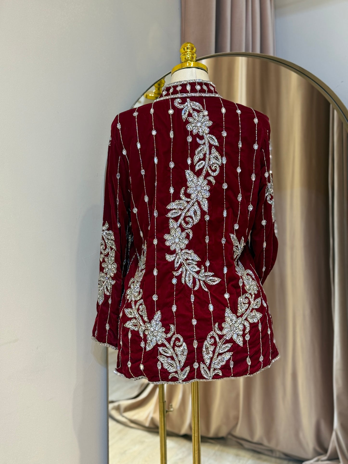 Luxury Red Velvet Hand Embellished Blazer