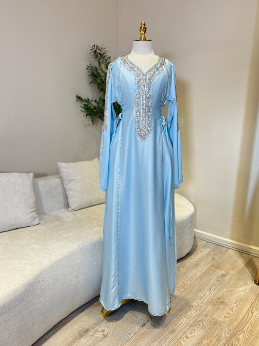Hessa Side Corset Soft Satin Khaliji Caftan (Pastel Blue)