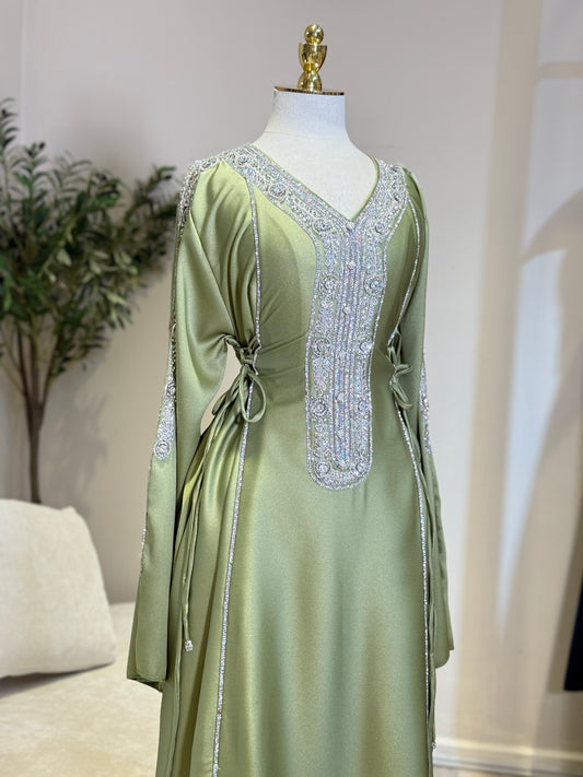 Hessa Side Corset Soft Satin Khaliji Caftan ( Olive )
