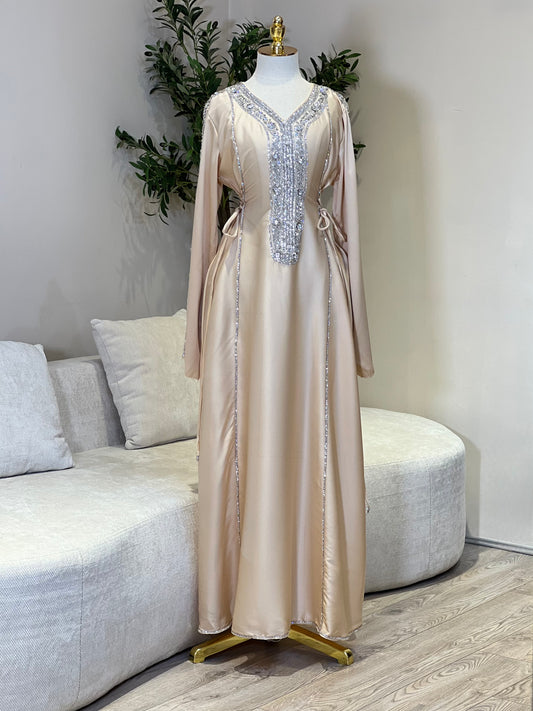 Hessa Side Corset Soft Satin Khaliji Caftan ( gold )