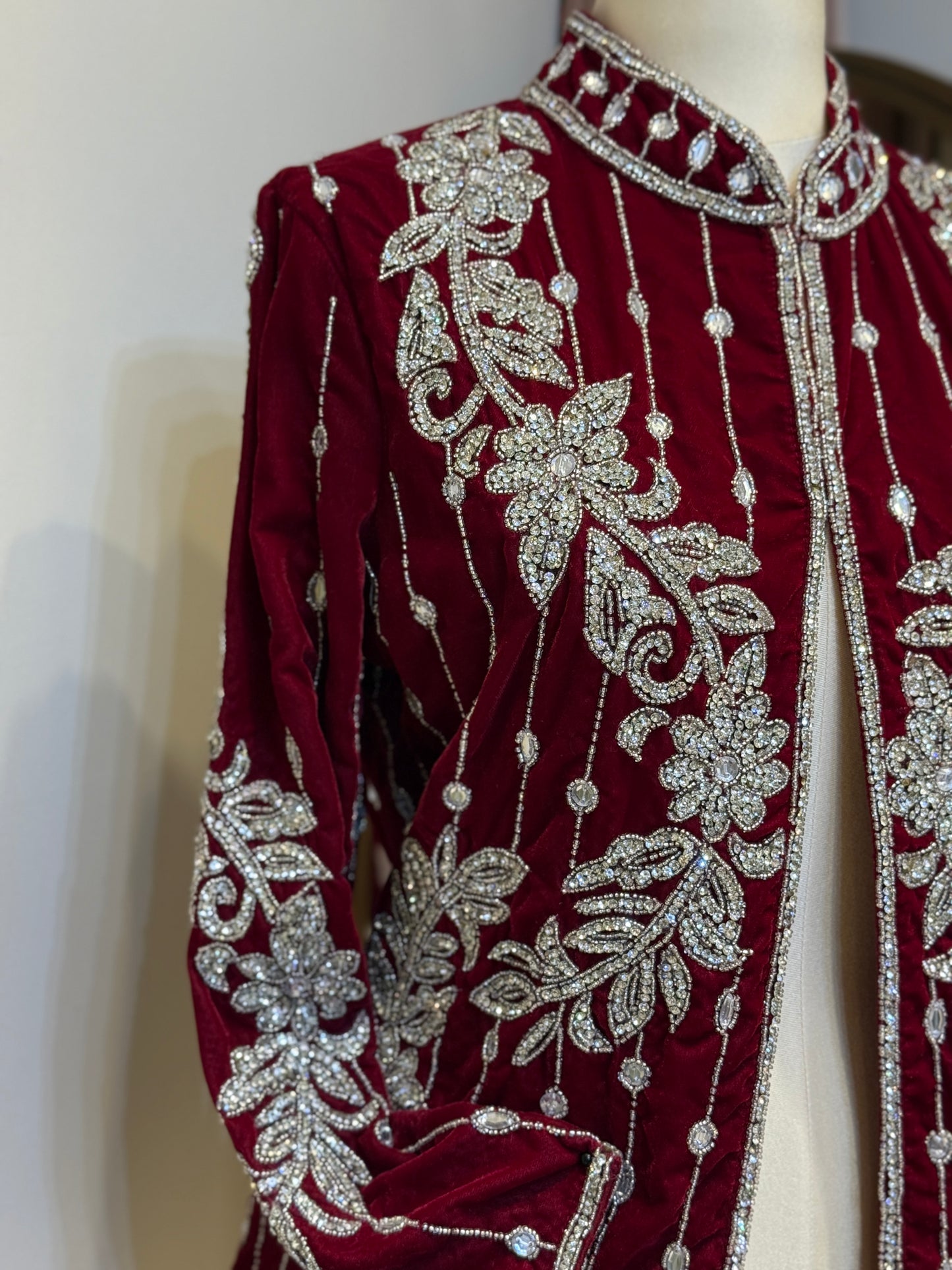 Luxury Red Velvet Hand Embellished Blazer