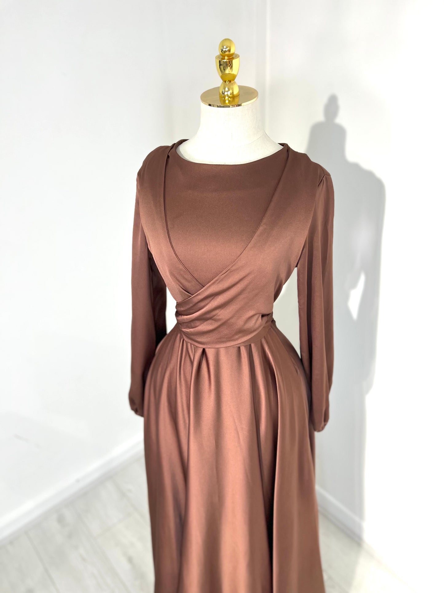 Lina Soft Flowy Luxurious Maxi Satin Dress (Brown)