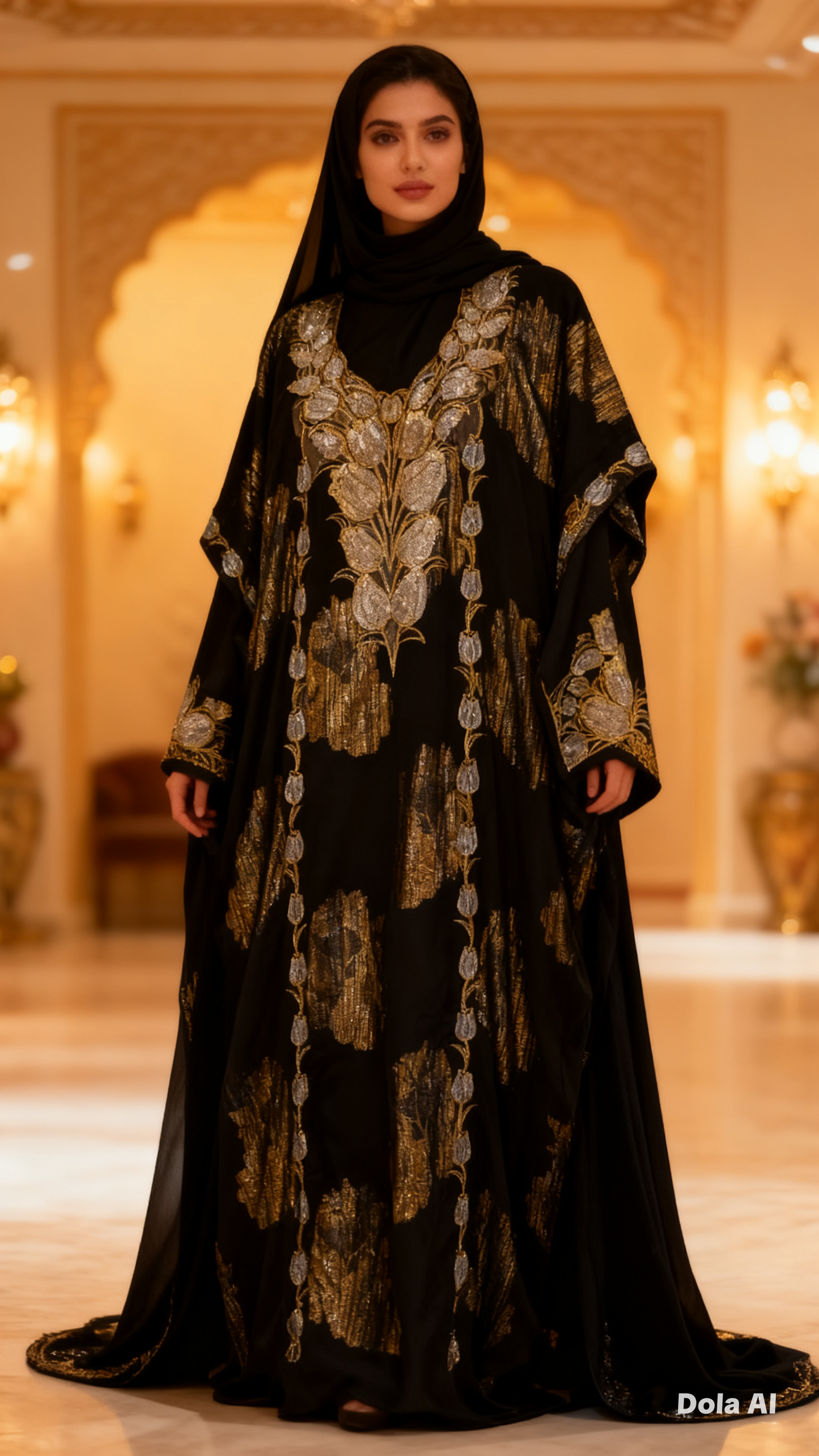 Black with Gold Printed Crystallised Emirate Thobe