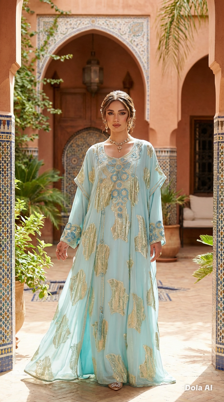 Light Blue with Gold Printed Crystallised Emirate Thobe