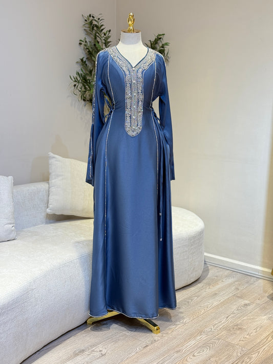 Hessa Side Corset Soft Satin Khaliji Caftan (Denim Blue)