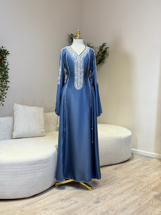 Hessa Side Corset Soft Satin Khaliji Caftan (Denim Blue)