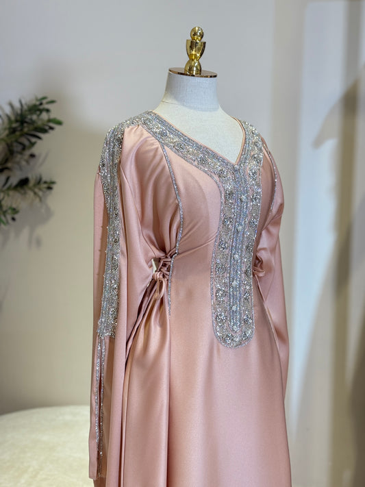 Hessa Side Corset Soft Satin Khaliji Caftan (Coral)