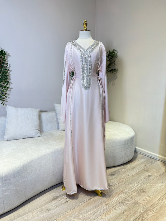 Hessa Side Corset Soft Satin Khaliji Caftan (Pastel Pink )