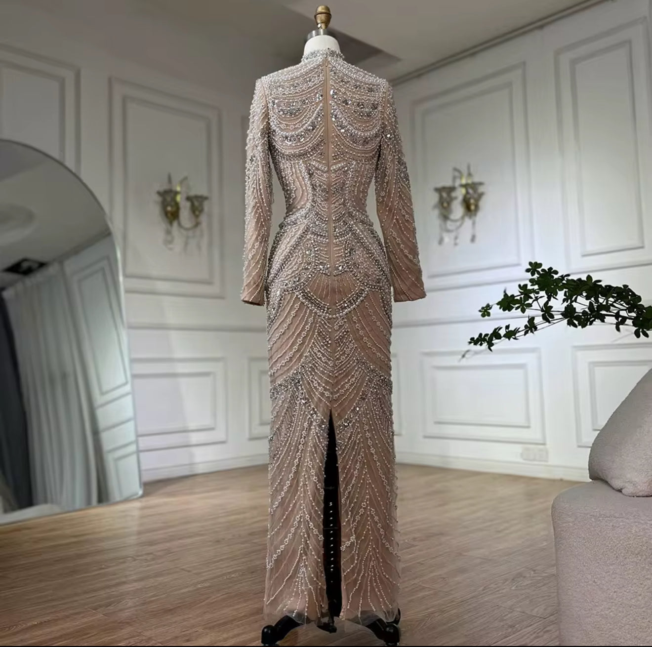 Beige Modest Fully Lined Hand Embellished Luxury Gown (pre-Order)