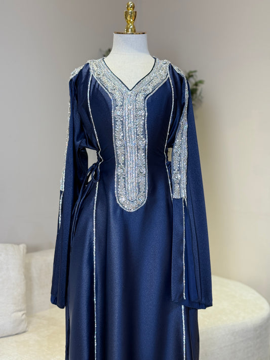 Hessa Side Corset Soft Satin Khaliji Caftan ( Navy )