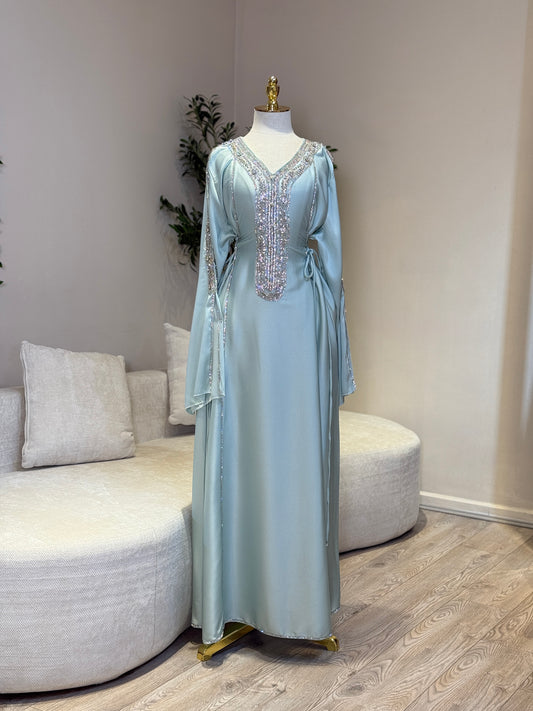 Hessa Side Corset Soft Satin Khaliji Caftan (Aqua Blue)