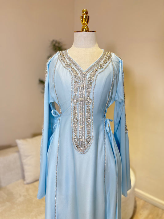 Hessa Side Corset Soft Satin Khaliji Caftan (Pastel Blue)