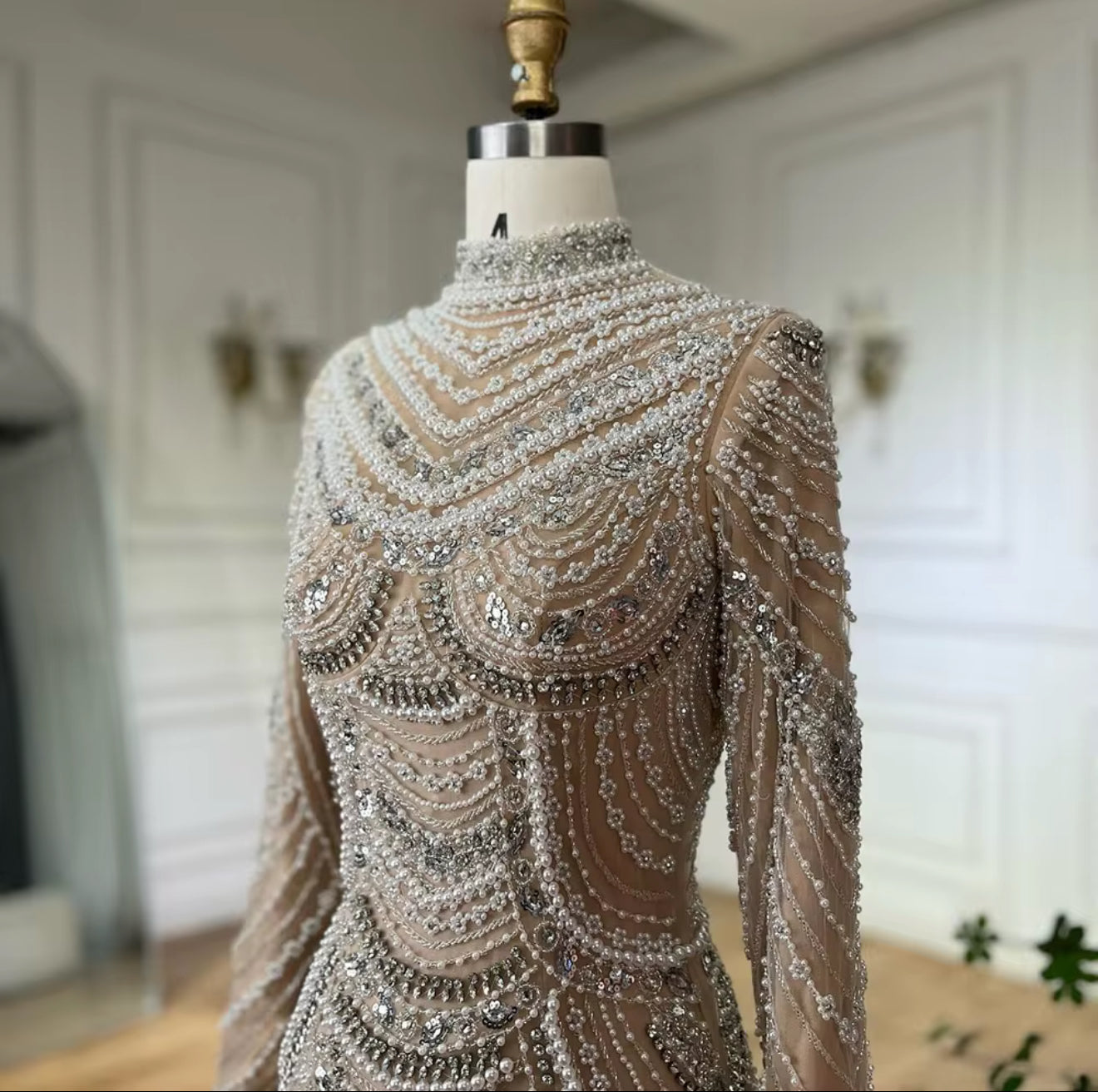 Beige Modest Fully Lined Hand Embellished Luxury Gown (pre-Order)