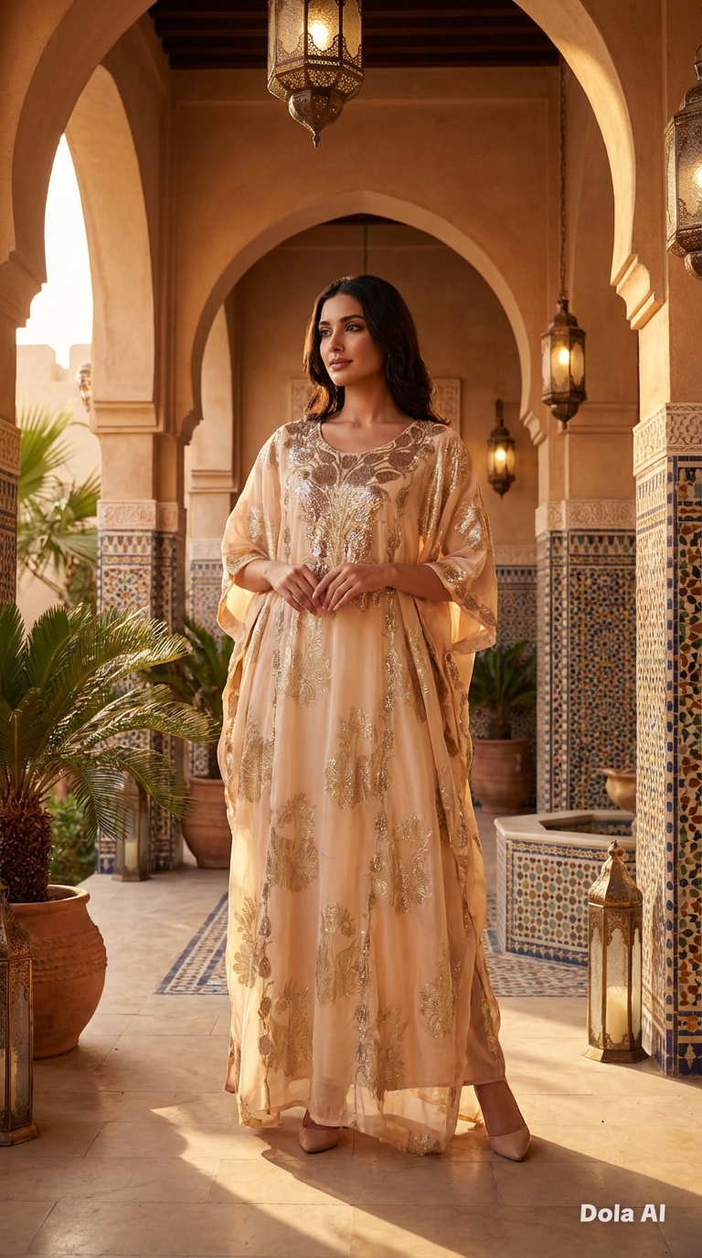 Peach with Gold Printed Crystallised Emirate Thobe