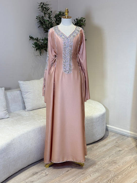 Hessa Side Corset Soft Satin Khaliji Caftan (Coral)