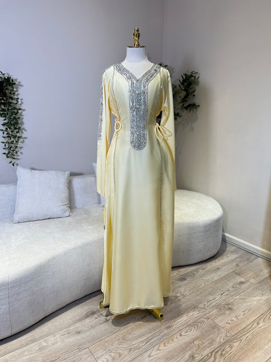 Hessa Side Corset Soft Satin Khaliji Caftan (pastel Yellow)