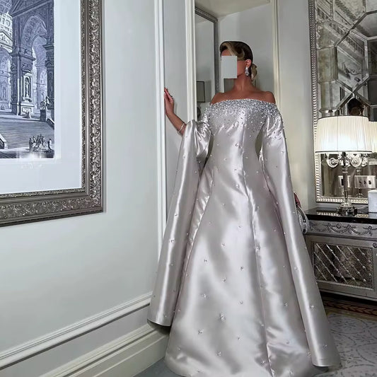 Lamis Luxury Hand Embellished Satin Gown With Hand Cape Design (Pre-Order)
