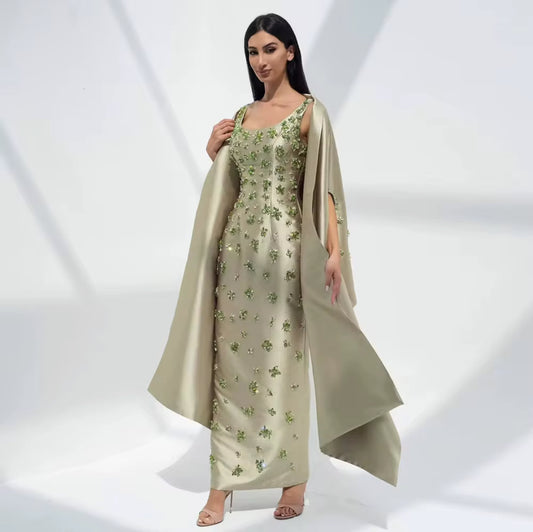 Dalida Satin Gown With Luxury Hand Embellished Stones with detached Cape (Pre-Order)
